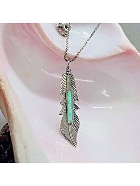 Native Zuni Signed Barney Sterling Silver Opal Inlay Feather Pendant Necklace